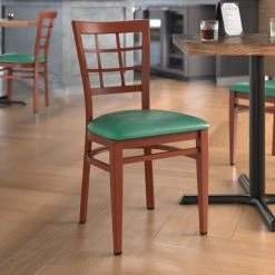LT&S Spartan Series Lancaster Table & Seating Spartan Series Metal Window Back Chair With Mahogany Wood Grain Finish And Green Vinyl Seat