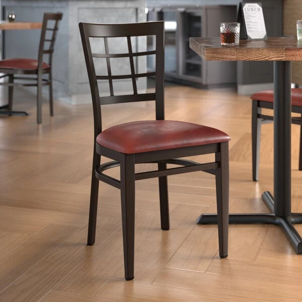 LT&S Spartan Series Lancaster Table & Seating Spartan Series Metal Window Back Chair With Walnut Wood Grain Finish And Burgundy Vinyl Seat 3 LT&S Spartan Series Lancaster Table & Seating Spartan Series Metal Window Back Chair With Walnut Wood Grain Finish And Burgundy Vinyl Seat