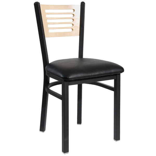 BFM Seating Espy Sand Black Metal Side Chair With Natural Wooden Back And 2" Black Vinyl Seat 3 BFM Seating Espy Sand Black Metal Side Chair With Natural Wooden Back And 2" Black Vinyl Seat
