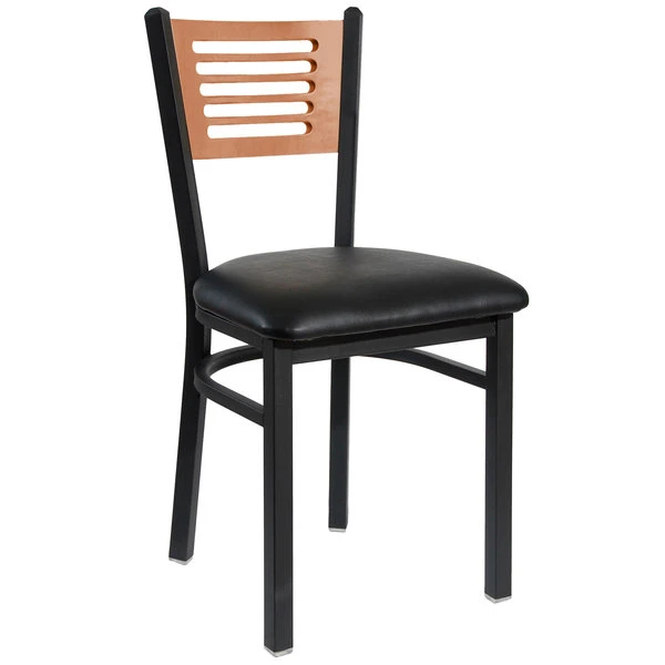 BFM Seating Espy Sand Black Metal Side Chair With Cherry Wooden Back And 2" Black Vinyl Seat 3 BFM Seating Espy Sand Black Metal Side Chair With Cherry Wooden Back And 2" Black Vinyl Seat