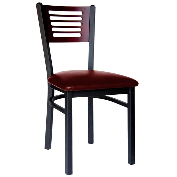 BFM Seating Espy Sand Black Metal Side Chair With Mahogany Wooden Back And 2" Burgundy Vinyl Seat 3 BFM Seating Espy Sand Black Metal Side Chair With Mahogany Wooden Back And 2" Burgundy Vinyl Seat