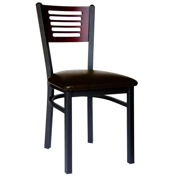 BFM Seating Espy Sand Black Metal Side Chair With Mahogany Wooden Back And 2" Dark Brown Vinyl Seat 3 BFM Seating Espy Sand Black Metal Side Chair With Mahogany Wooden Back And 2" Dark Brown Vinyl Seat