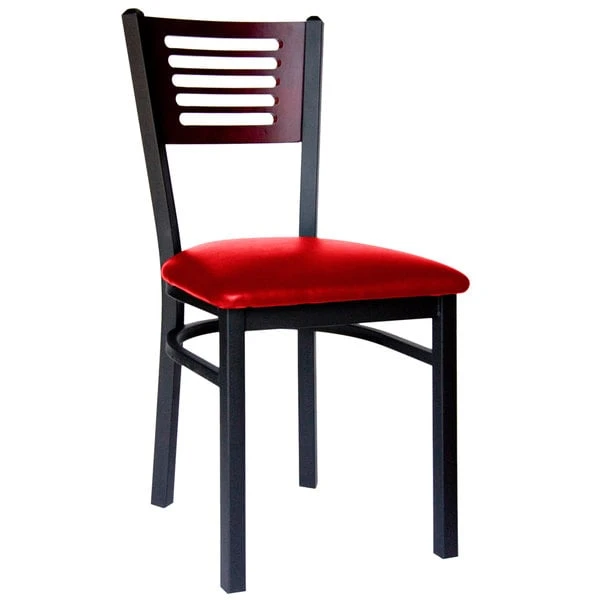 BFM Seating Espy Sand Black Metal Side Chair With Mahogany Wooden Back And 2" Red Vinyl Seat 3 BFM Seating Espy Sand Black Metal Side Chair With Mahogany Wooden Back And 2" Red Vinyl Seat