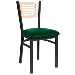 BFM Seating Espy Sand Black Metal Side Chair With Natural Wooden Back And 2" Green Vinyl Seat