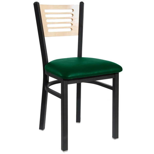 BFM Seating Espy Sand Black Metal Side Chair With Natural Wooden Back And 2" Green Vinyl Seat 3 BFM Seating Espy Sand Black Metal Side Chair With Natural Wooden Back And 2" Green Vinyl Seat