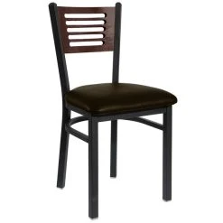 BFM Seating Espy Sand Black Metal Side Chair With Walnut Wooden Back And 2" Dark Brown Vinyl Seat