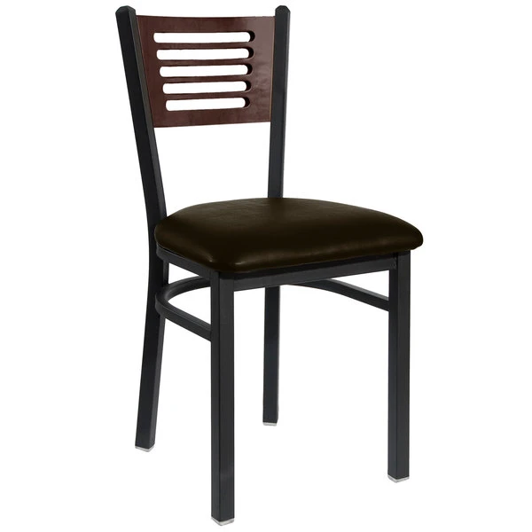 BFM Seating Espy Sand Black Metal Side Chair With Walnut Wooden Back And 2" Dark Brown Vinyl Seat 3 BFM Seating Espy Sand Black Metal Side Chair With Walnut Wooden Back And 2" Dark Brown Vinyl Seat