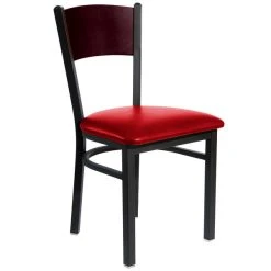 BFM Seating Dale Sand Black Metal Side Chair With Mahogany Finish Wooden Back And 2" Red Vinyl Seat
