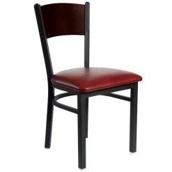 BFM Seating Dale Sand Black Metal Side Chair With Walnut Finish Wooden Back And 2" Burgundy Vinyl Seat