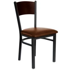 BFM Seating Dale Sand Black Metal Side Chair With Walnut Finish Wooden Back And 2" Light Brown Vinyl Seat