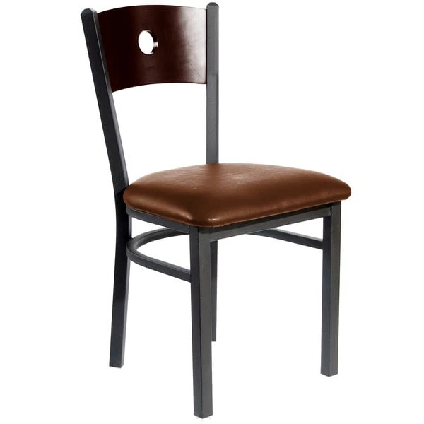 BFM Seating Darby Sand Black Metal Side Chair With Walnut Wooden Back And 2" Light Brown Vinyl Seat 3 BFM Seating Darby Sand Black Metal Side Chair With Walnut Wooden Back And 2" Light Brown Vinyl Seat