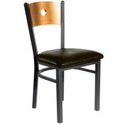 BFM Seating Darby Sand Black Metal Side Chair With Natural Wooden Back And 2" Dark Brown Vinyl Seat